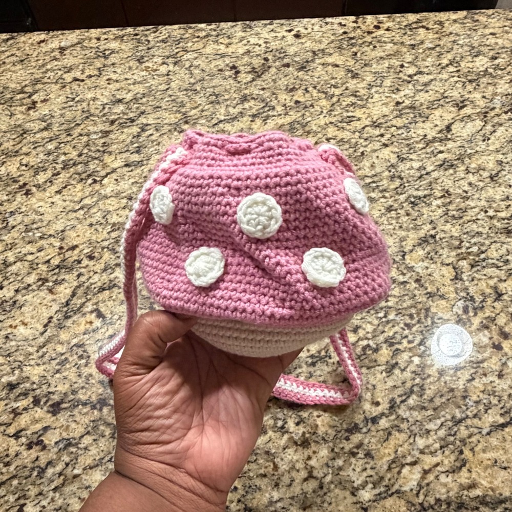 Handmade‎ Crochet Mushroom Bag Pink Crossbody Drawstring Pouch Cottagecore